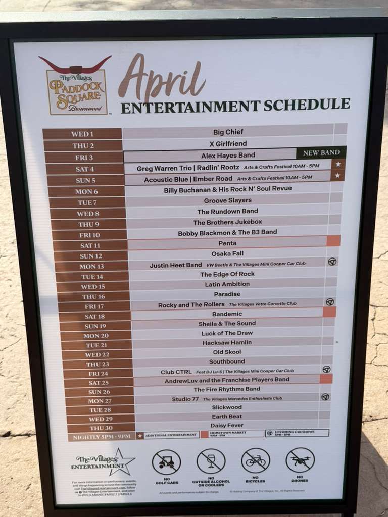 Event schedule board at The Villages Flórida showing community activities and enterteiment.