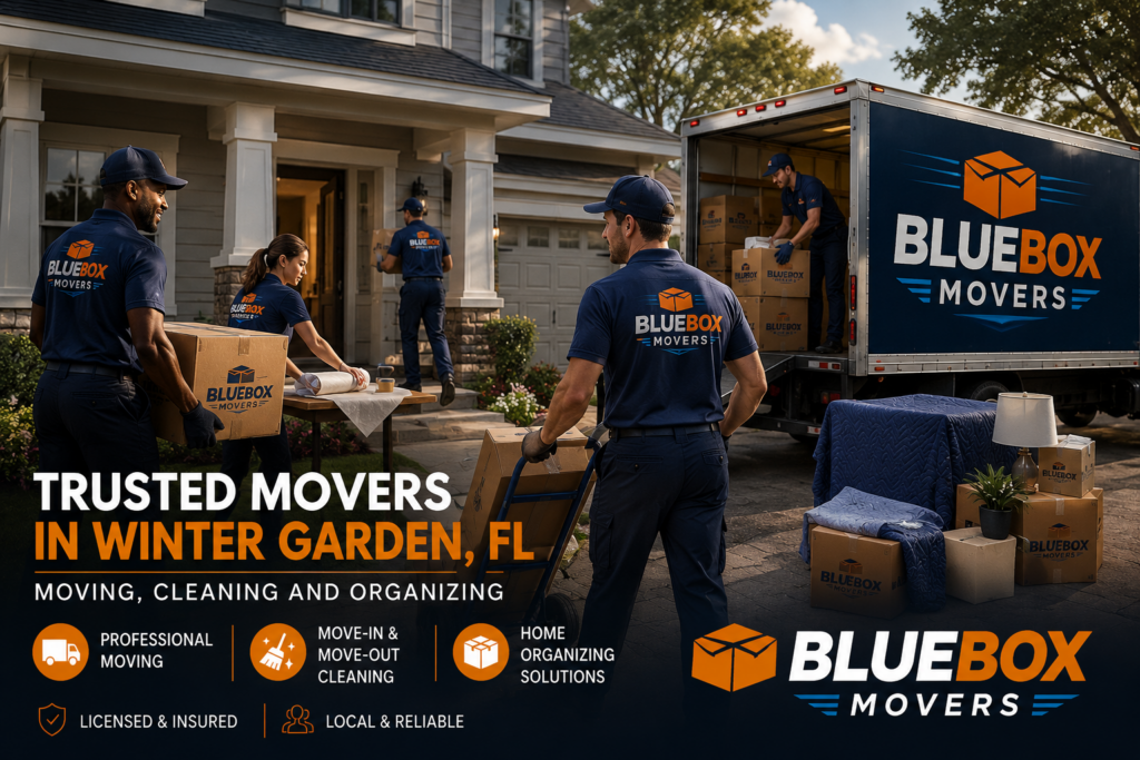 BLUbox Movers truck and trailer providing moving services in Winter Garden Florida